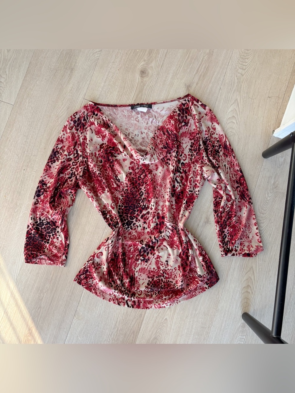 red & pink y2k leopard print blouse with a flowy, boho vibe (brand Only Nine)